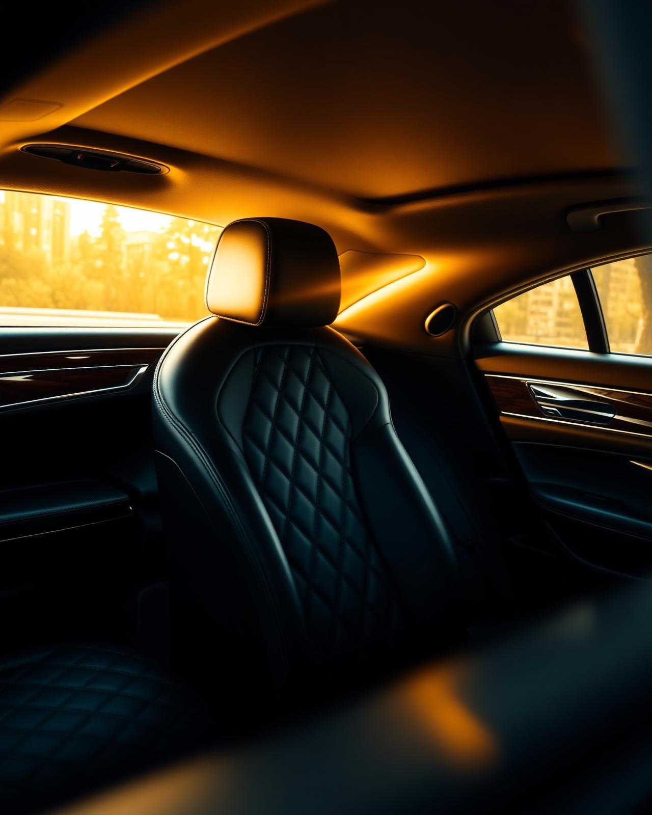Diamond-stitched leather interior with warm ambient lighting